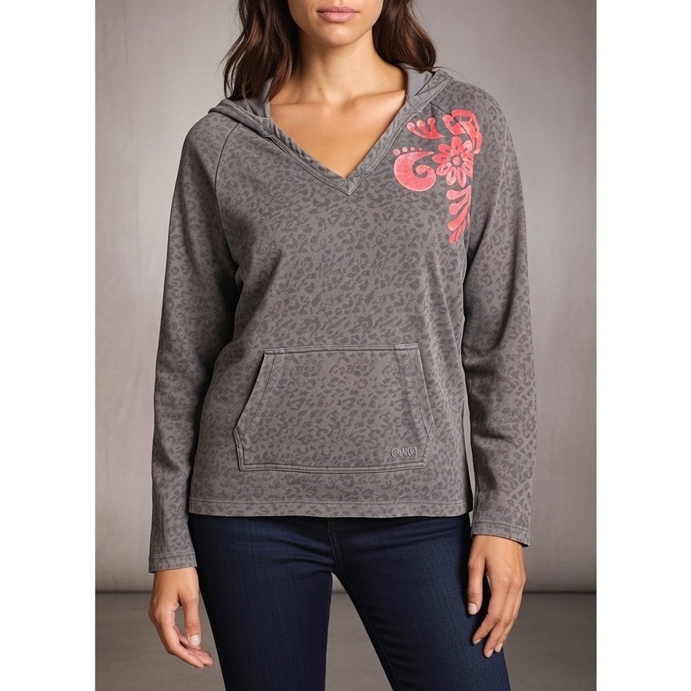 Cruel Girl Womens Grey Cheetah Print V-Neck Hoodie Pink Floral Graphic Pullover